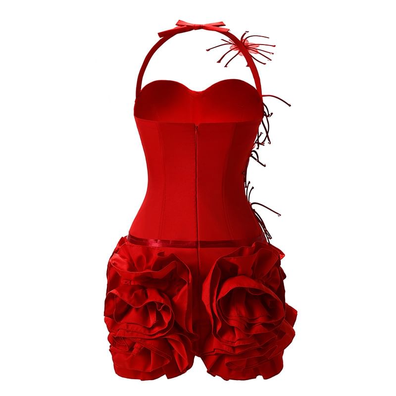 Halter Neck Plain Ruffle Trim Party Dress