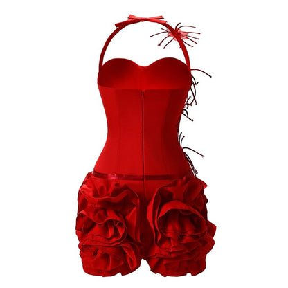 Halter Neck Plain Ruffle Trim Party Dress