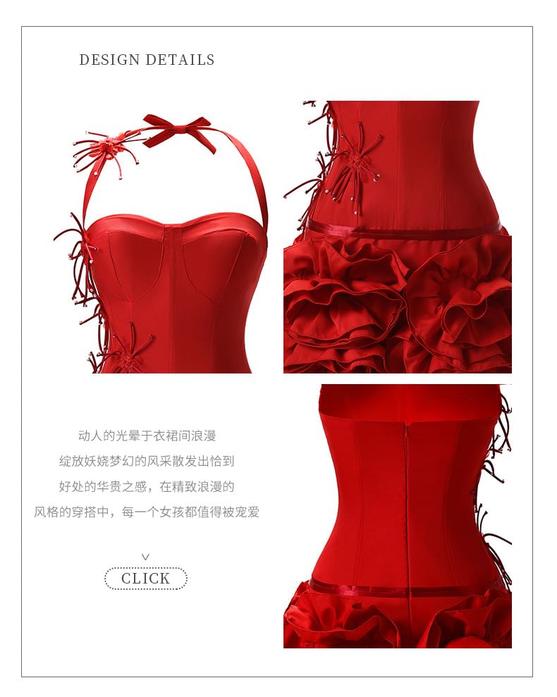 Halter Neck Plain Ruffle Trim Party Dress