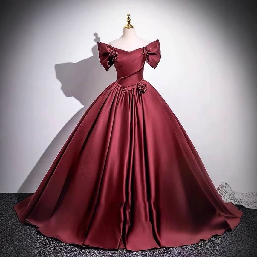 Off Shoulder Flower Detail A-Line Evening Gown
