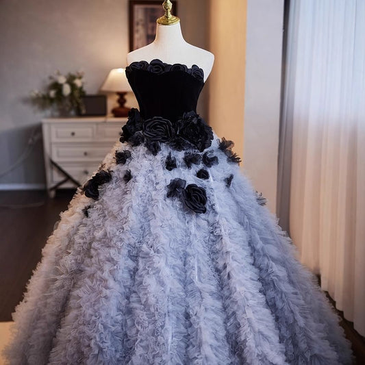 Strapless Flower Detail A-Line Evening Gown