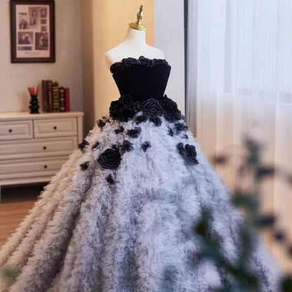 Strapless Flower Detail A-Line Evening Gown