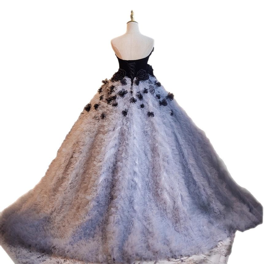 Strapless Flower Detail A-Line Evening Gown