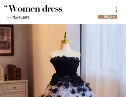 Strapless Flower Detail A-Line Evening Gown