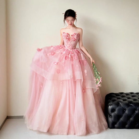 Strapless Floral Detail A-Line Evening Gown