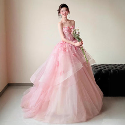 Strapless Floral Detail A-Line Evening Gown