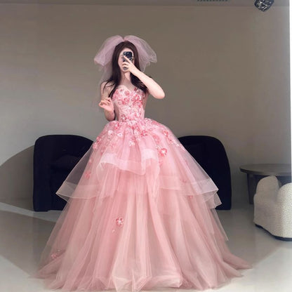 Strapless Floral Detail A-Line Evening Gown