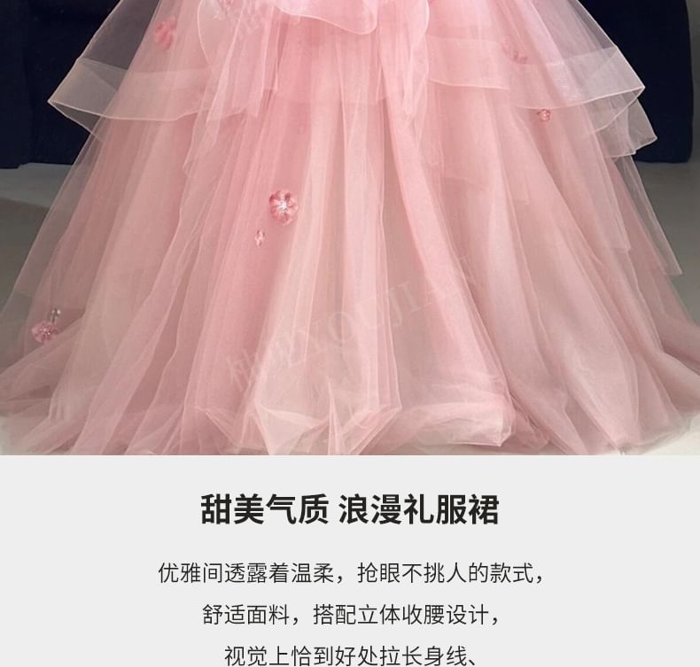 Strapless Floral Detail A-Line Evening Gown