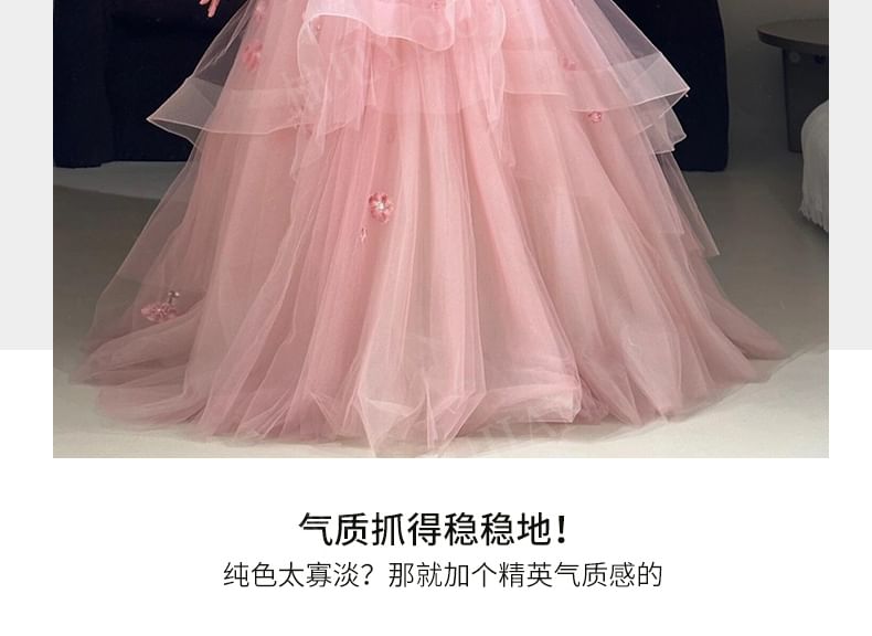 Strapless Floral Detail A-Line Evening Gown