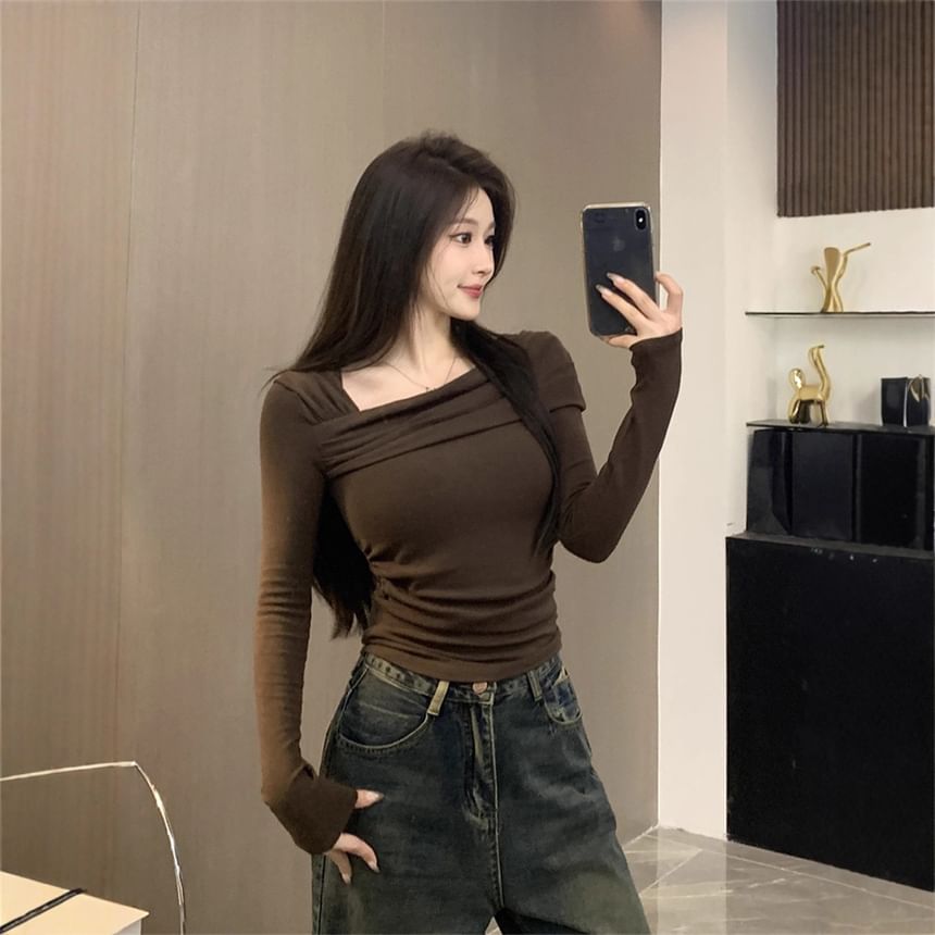 Asymmetrical Neck Cold-Shoulder Knit Long-Sleeve Top