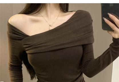 Asymmetrical Neck Cold-Shoulder Knit Long-Sleeve Top