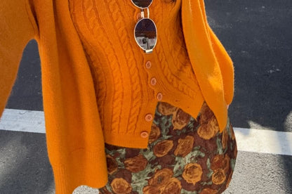 Versatile Spaghetti Strap Cable Knit Camisole, Cardigan & Floral A-Line Skirt Set