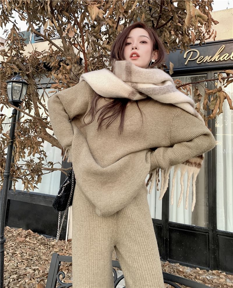 Oversized Drop Shoulder Sweater with High-Rise Wide Leg Pants