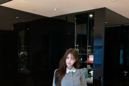 Classic Plaid Collared Long-Sleeve Shirt with High-Waist Denim Shorts