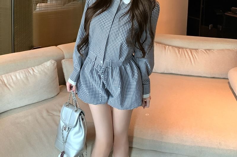 Classic Plaid Collared Long-Sleeve Shirt with High-Waist Denim Shorts