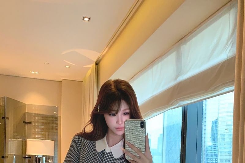 Classic Plaid Collared Long-Sleeve Shirt with High-Waist Denim Shorts