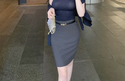 Sleeveless Mock Neck Knit Top, Cardigan & High-Waist Pencil Skirt Set