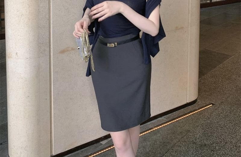 Sleeveless Mock Neck Knit Top, Cardigan & High-Waist Pencil Skirt Set