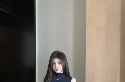 Sleeveless Mock Neck Knit Top, Cardigan & High-Waist Pencil Skirt Set