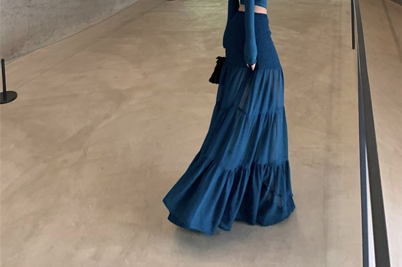 Off-Shoulder Long-Sleeve Crop Tee with High-Waist Maxi A-Line Skirt