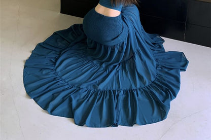 Off-Shoulder Long-Sleeve Crop Tee with High-Waist Maxi A-Line Skirt
