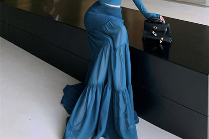 Off-Shoulder Long-Sleeve Crop Tee with High-Waist Maxi A-Line Skirt