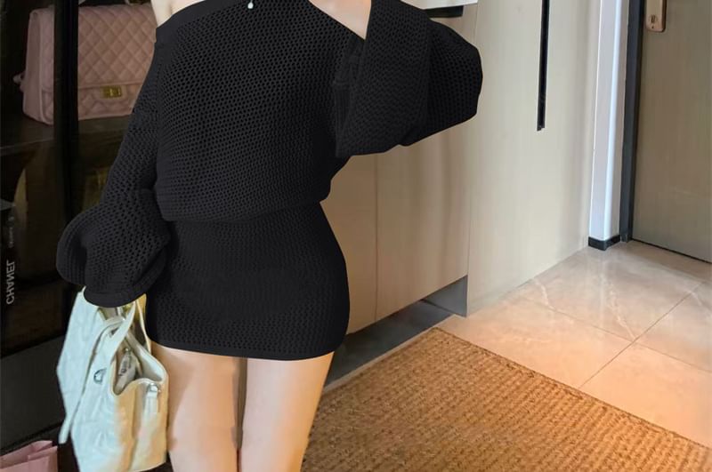 Chic Off-Shoulder Pointelle Sweater with High-Rise Mini Pencil Skirt Set