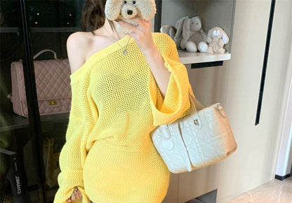 Chic Off-Shoulder Pointelle Sweater with High-Rise Mini Pencil Skirt Set