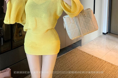 Chic Off-Shoulder Pointelle Sweater with High-Rise Mini Pencil Skirt Set