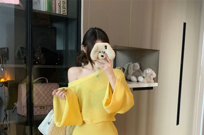 Chic Off-Shoulder Pointelle Sweater with High-Rise Mini Pencil Skirt Set