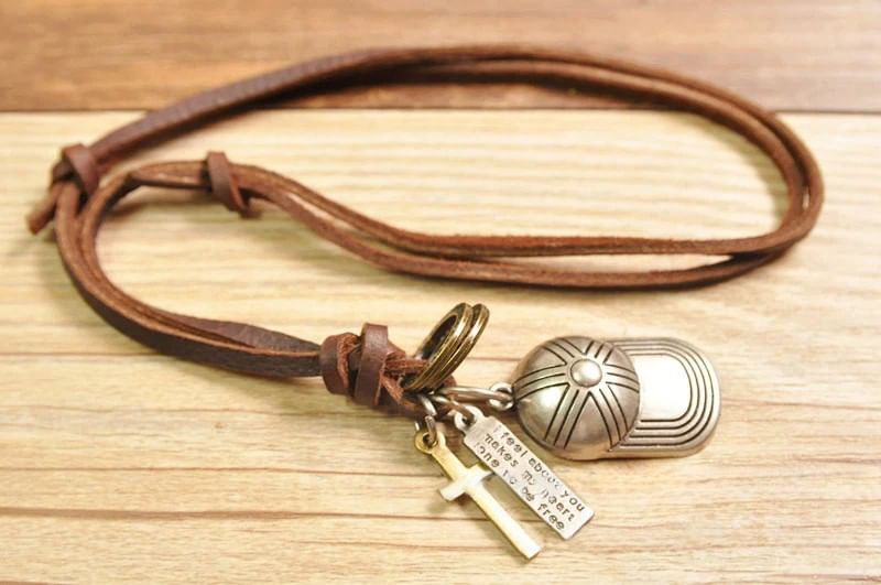 Genuine Leather Cap Pendant Necklace