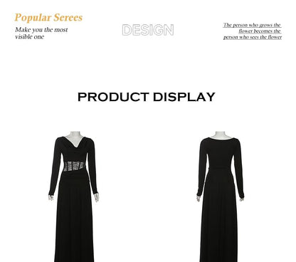 Long-Sleeve Cowl Neck Lace Panel Maxi A-Line Corset Dress