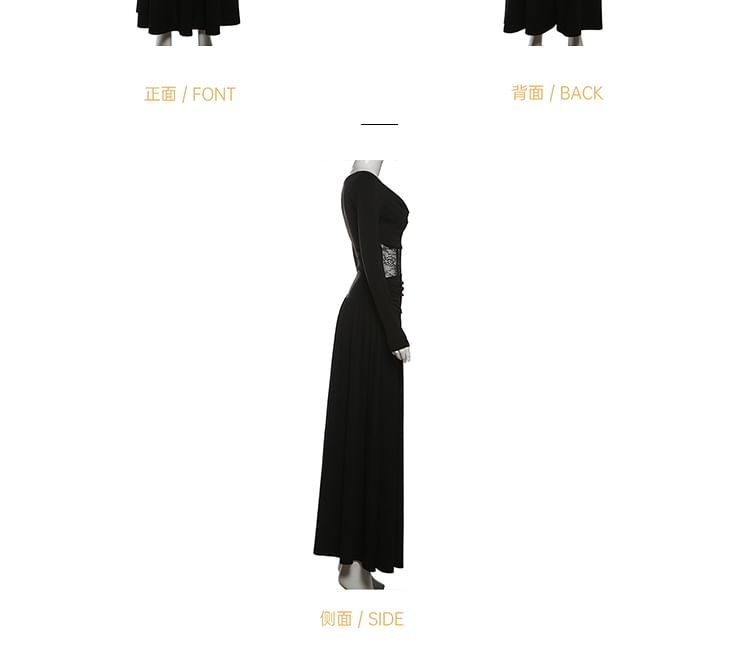 Long-Sleeve Cowl Neck Lace Panel Maxi A-Line Corset Dress