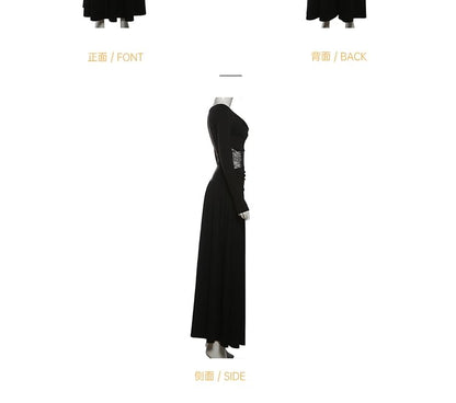Long-Sleeve Cowl Neck Lace Panel Maxi A-Line Corset Dress