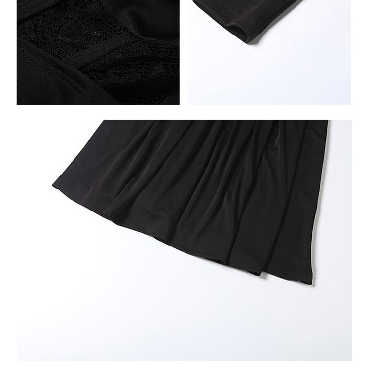 Long-Sleeve Cowl Neck Lace Panel Maxi A-Line Corset Dress