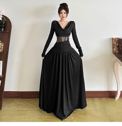 Long-Sleeve Cowl Neck Lace Panel Maxi A-Line Corset Dress