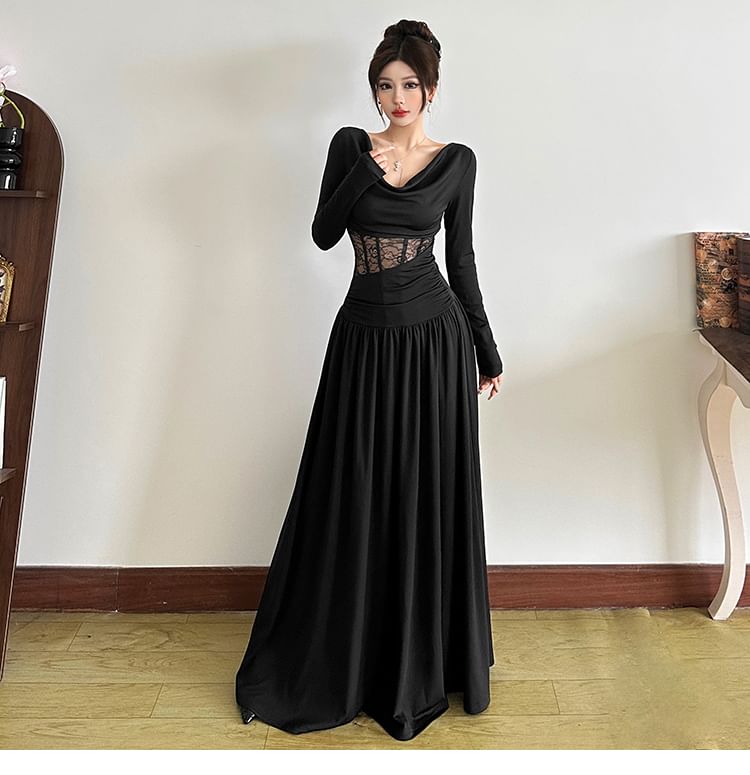 Long-Sleeve Cowl Neck Lace Panel Maxi A-Line Corset Dress