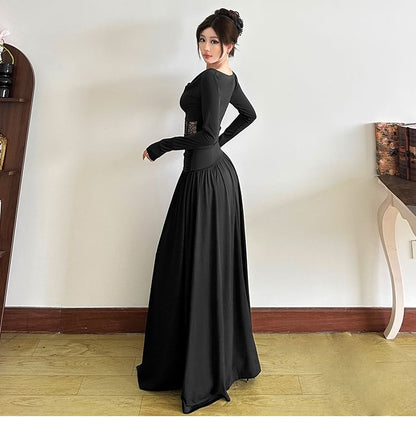 Long-Sleeve Cowl Neck Lace Panel Maxi A-Line Corset Dress