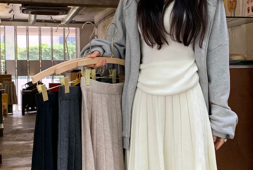 High Waist Knitted Midi A-Line Pleated Skirt