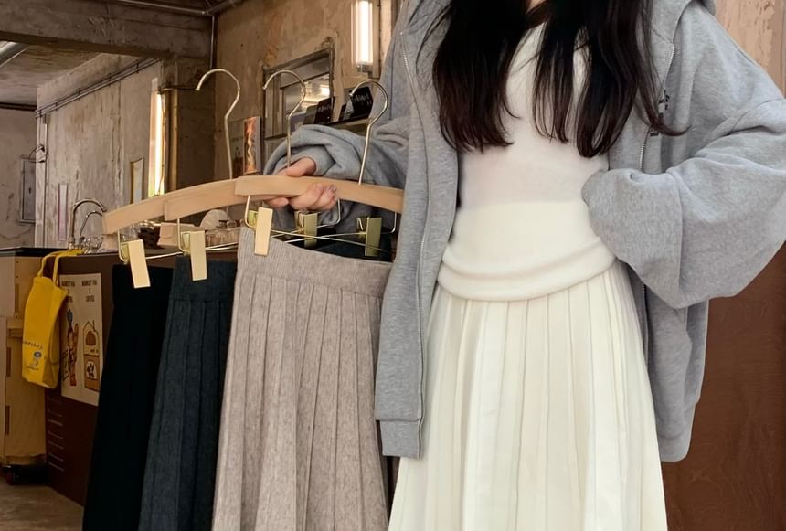 High Waist Knitted Midi A-Line Pleated Skirt