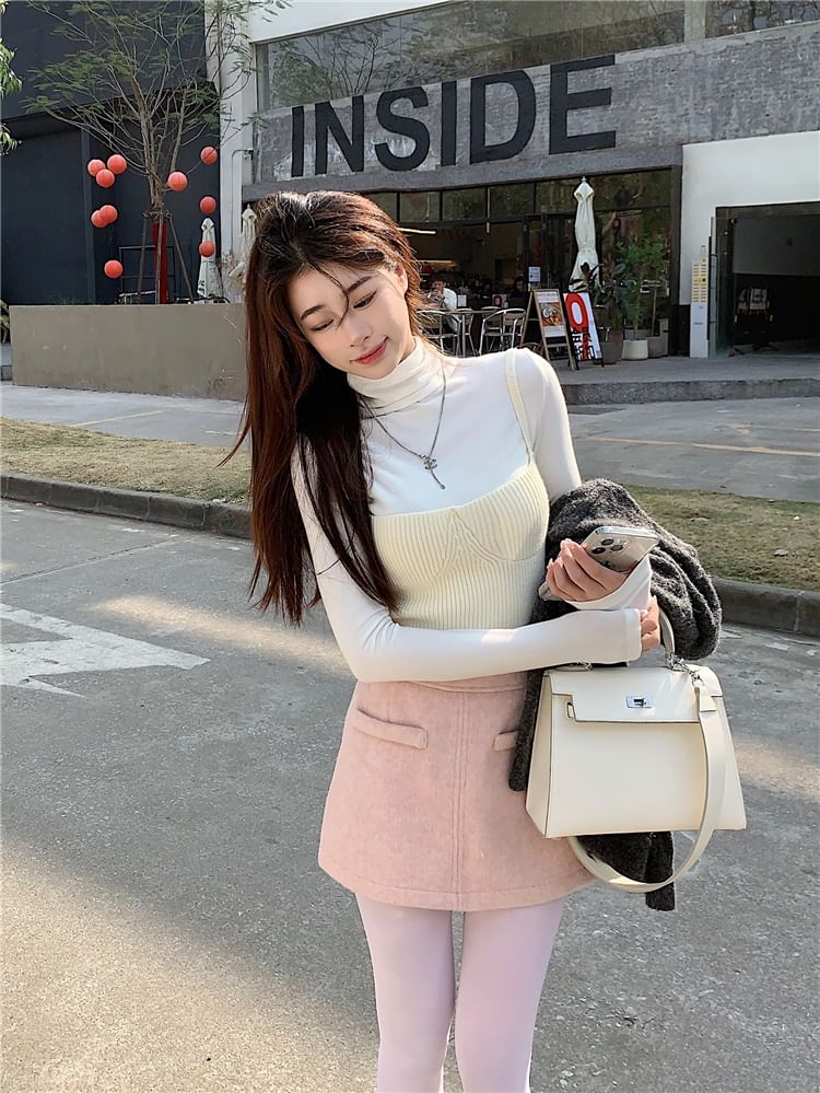 Ribbed Knit Camisole, Turtleneck Tee & High Waist Skirt Set