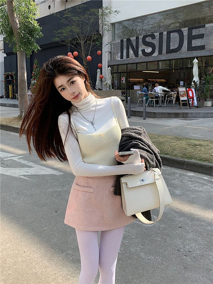Ribbed Knit Camisole, Turtleneck Tee & High Waist Skirt Set