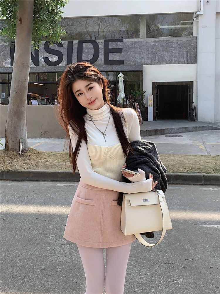 Ribbed Knit Camisole, Turtleneck Tee & High Waist Skirt Set