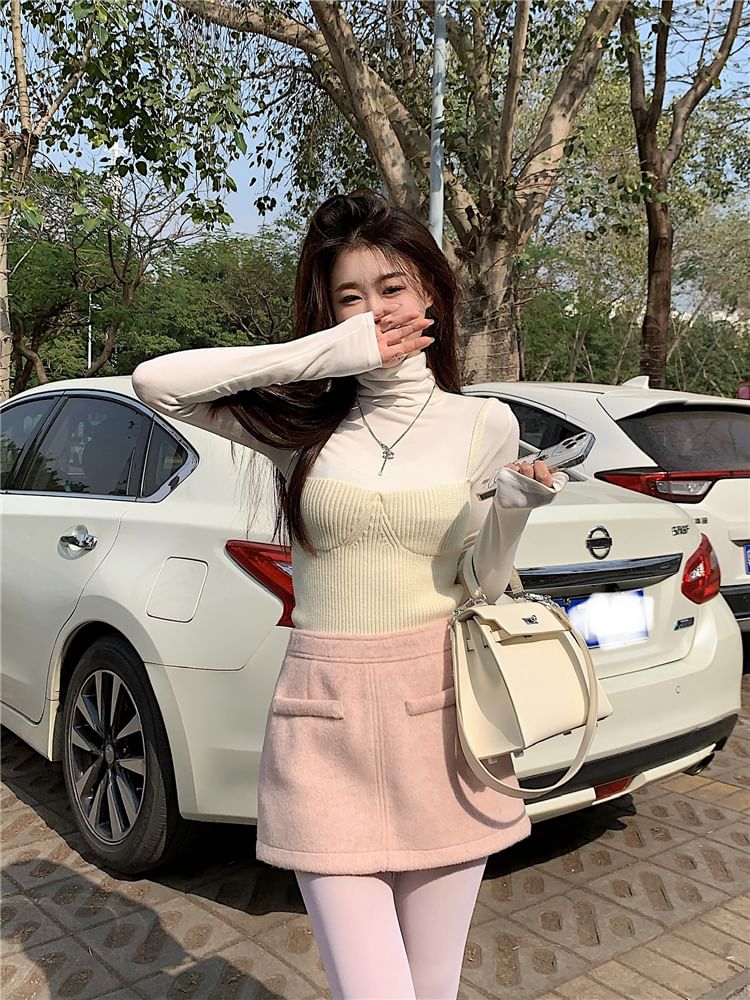 Ribbed Knit Camisole, Turtleneck Tee & High Waist Skirt Set