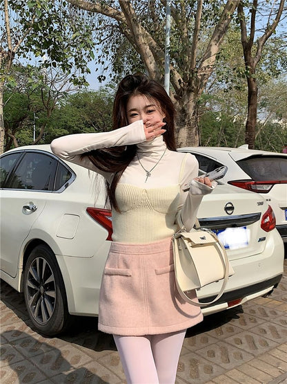 Ribbed Knit Camisole, Turtleneck Tee & High Waist Skirt Set