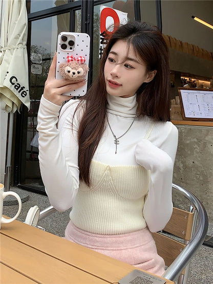 Ribbed Knit Camisole, Turtleneck Tee & High Waist Skirt Set