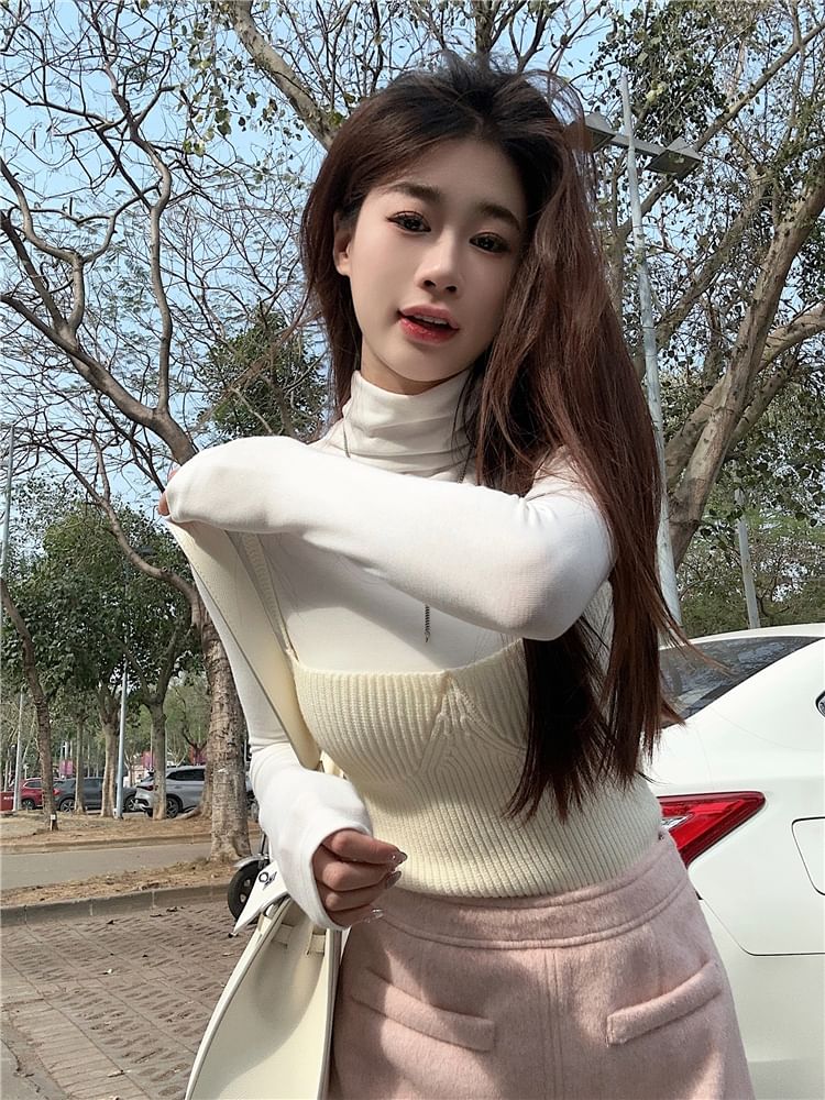 Ribbed Knit Camisole, Turtleneck Tee & High Waist Skirt Set