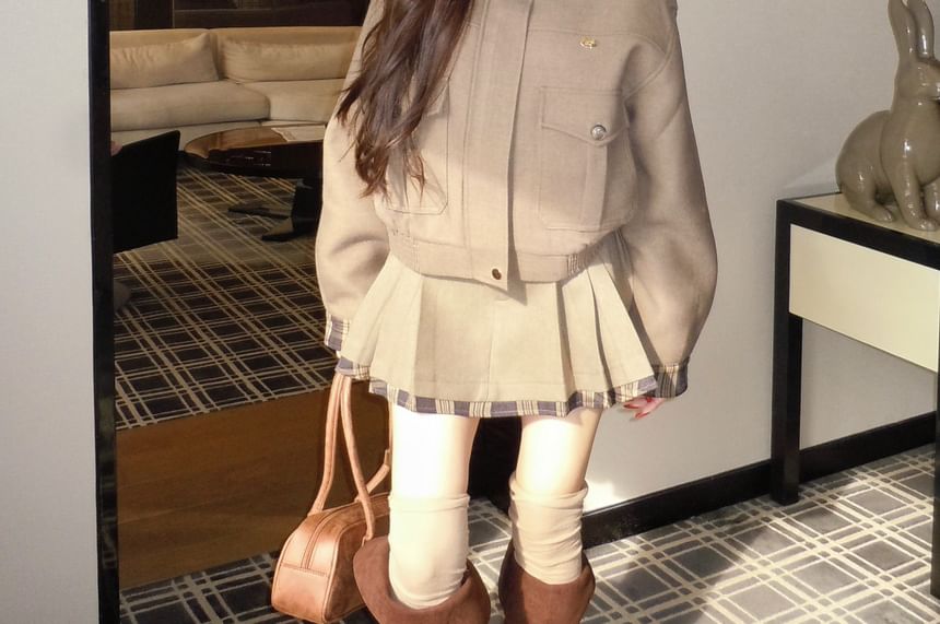 Plaid Panel Detail Zip Jacket & Pleated Mini Skirt Set