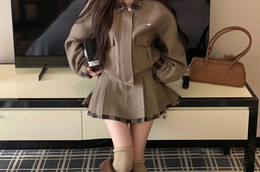 Plaid Panel Detail Zip Jacket & Pleated Mini Skirt Set