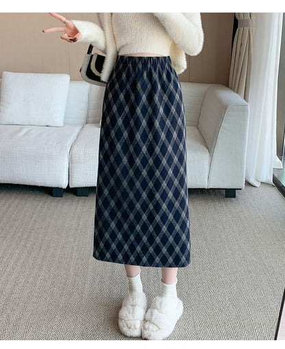 High Waist Plaid Midi A-Line Skirt